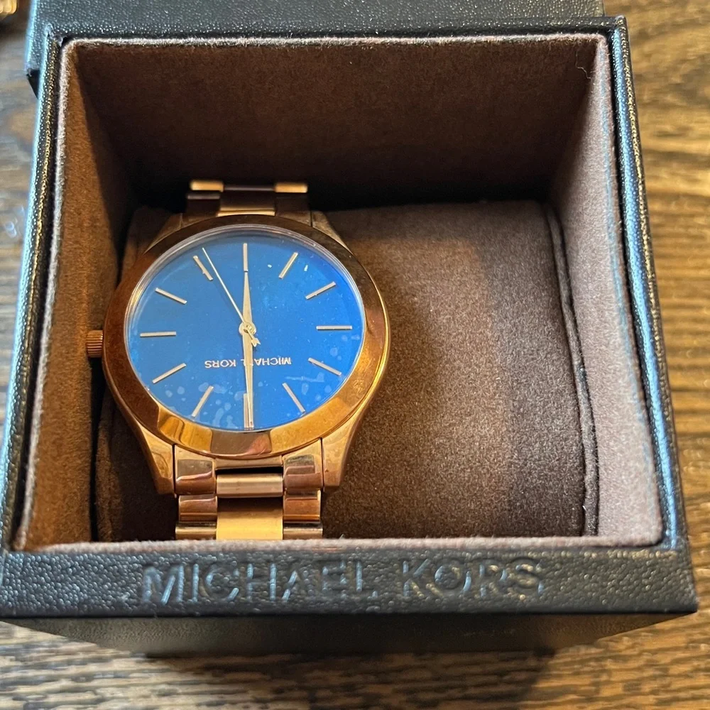 NIB NWT Michael Kors slim runway MK3494 blue dial watch rose gold